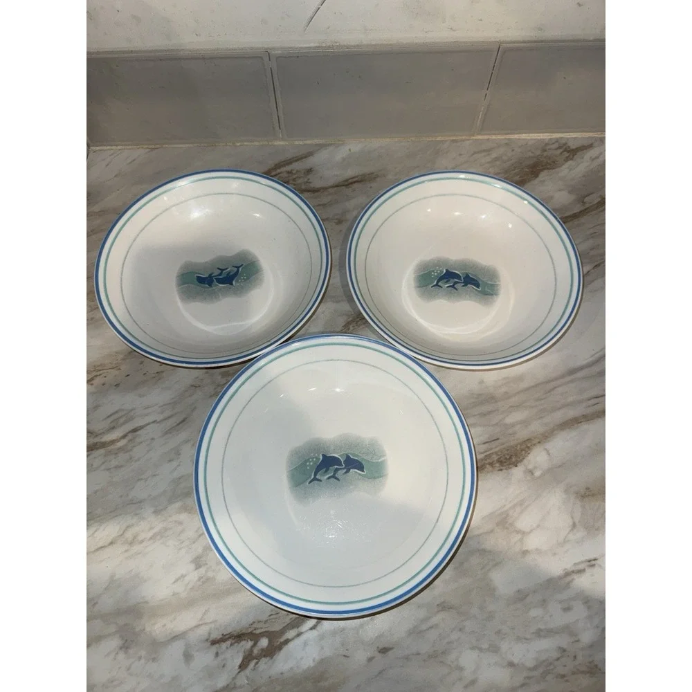 CORELLE CORNING WARE OCEAN DANCING BLUE DOLPHINS PLATES SOUP BOWLS 13 PCS